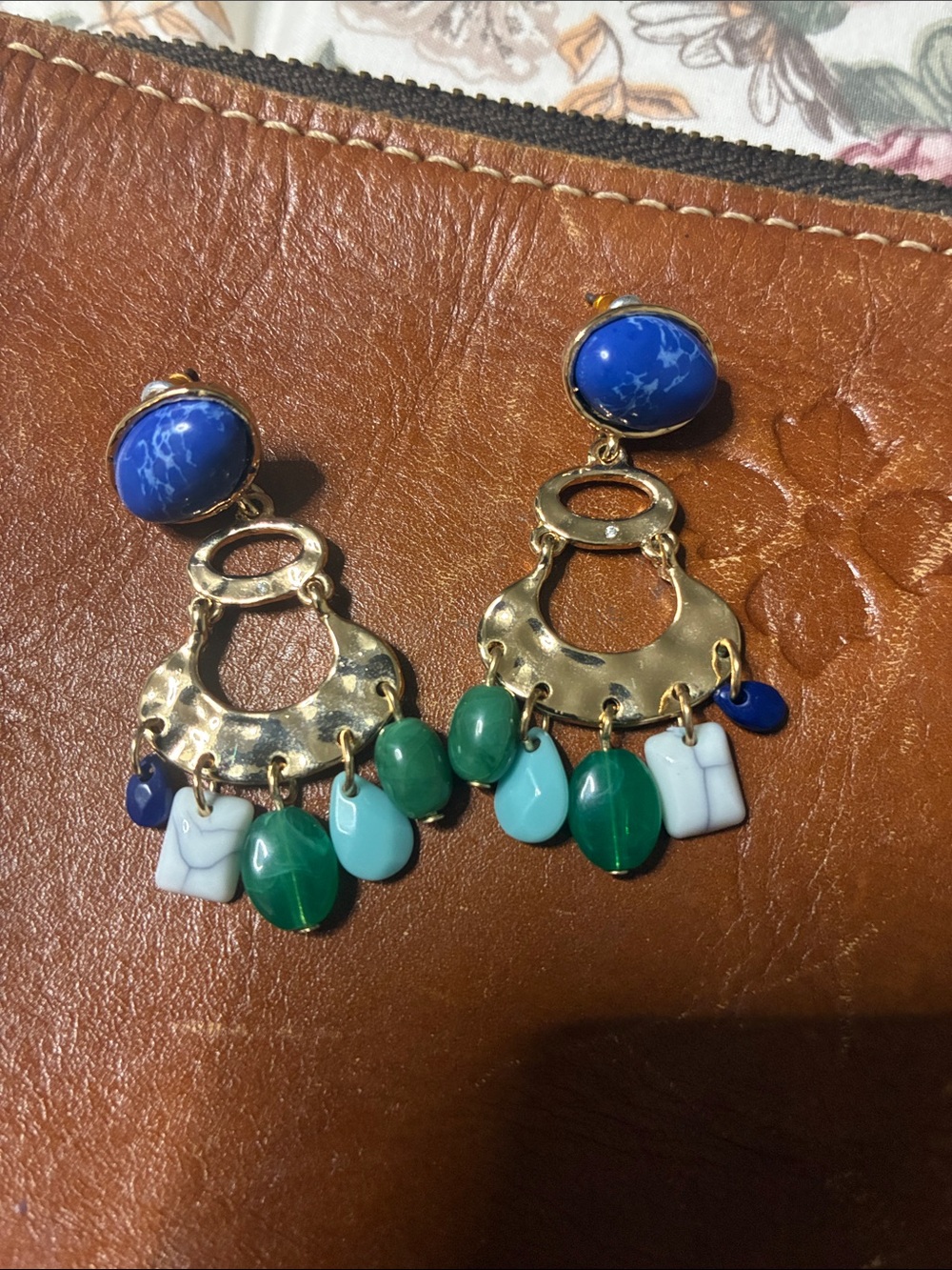 Gold-Tone Multicolor Dangle Earrings with Blue and Green Beads